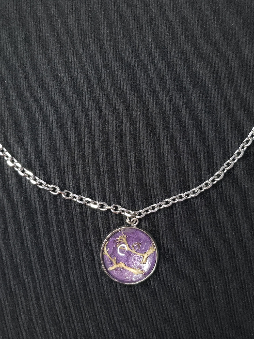 Silver Cable Chain Botanical Pendant Necklace Purple Gold Kintsugi Art 12”